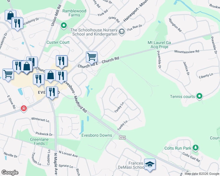 map of restaurants, bars, coffee shops, grocery stores, and more near 30 Faybrooke Drive in Evesham