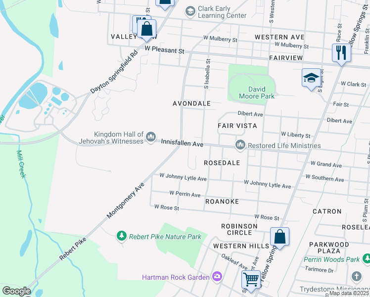map of restaurants, bars, coffee shops, grocery stores, and more near 1425 Innisfallen Avenue in Springfield
