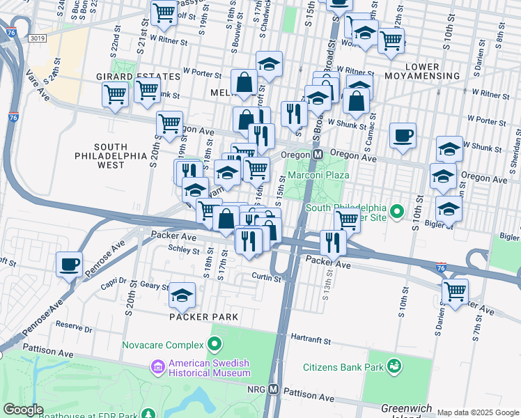 map of restaurants, bars, coffee shops, grocery stores, and more near 2927 S 16th St in Philadelphia