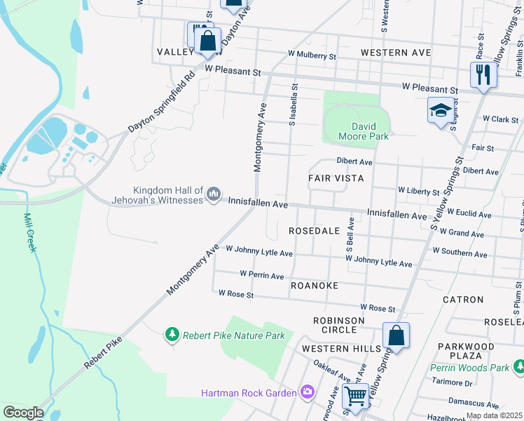 map of restaurants, bars, coffee shops, grocery stores, and more near 1425 Innisfallen Avenue in Springfield