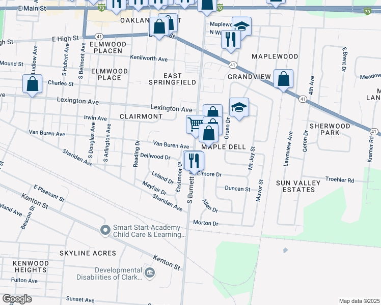 map of restaurants, bars, coffee shops, grocery stores, and more near 609 South Burnett Road in Springfield