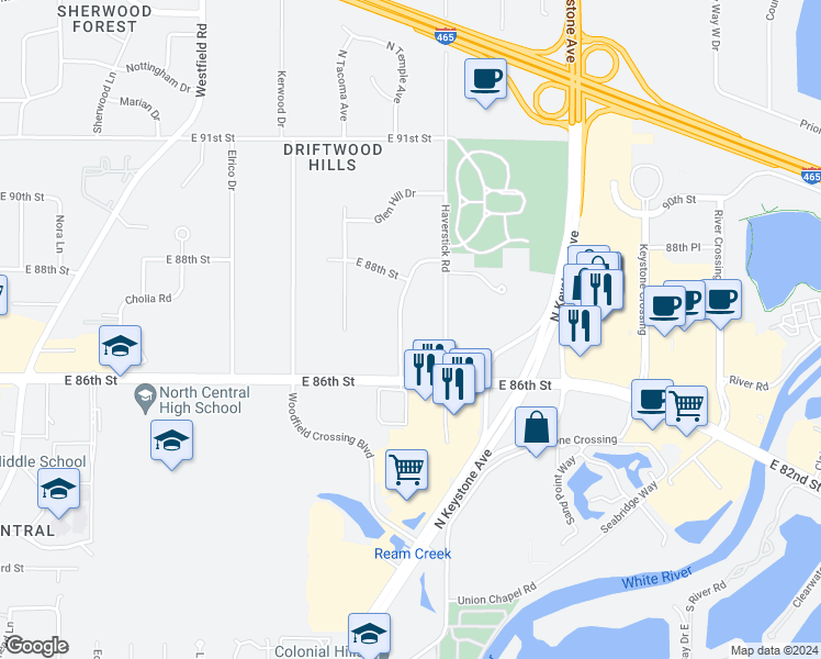 map of restaurants, bars, coffee shops, grocery stores, and more near 8647 Driftwood Drive in Indianapolis