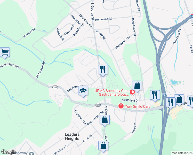 map of restaurants, bars, coffee shops, grocery stores, and more near 2593 Wildon Drive in York
