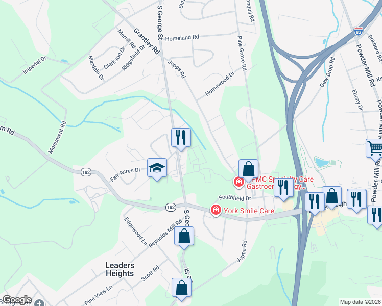 map of restaurants, bars, coffee shops, grocery stores, and more near 2523 South George Street in York