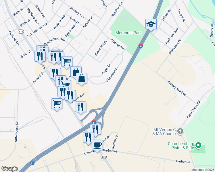 map of restaurants, bars, coffee shops, grocery stores, and more near 952 Brandon Drive in Chambersburg