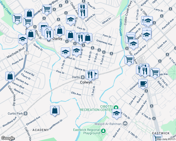 map of restaurants, bars, coffee shops, grocery stores, and more near 231 South 4th Street in Darby