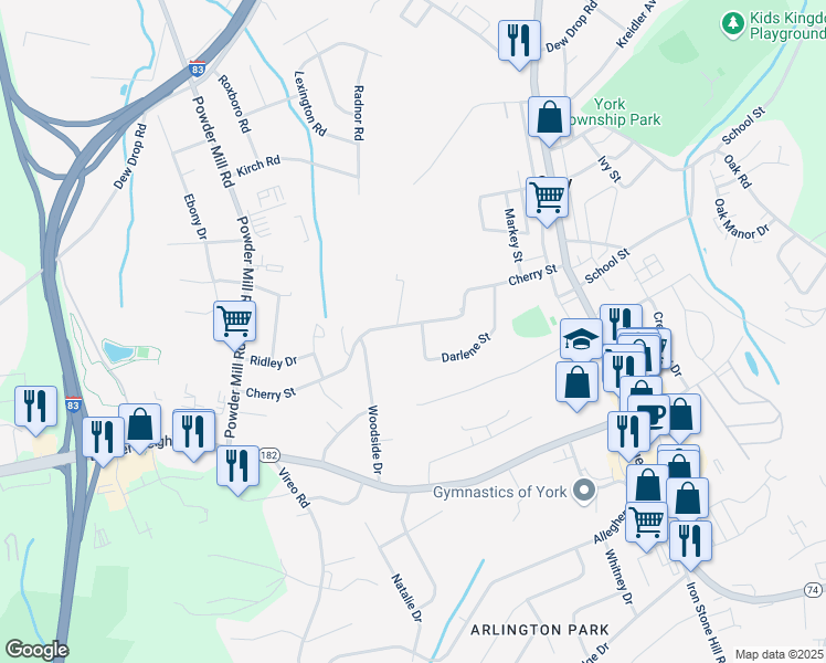 map of restaurants, bars, coffee shops, grocery stores, and more near 258 Cherry Street in York