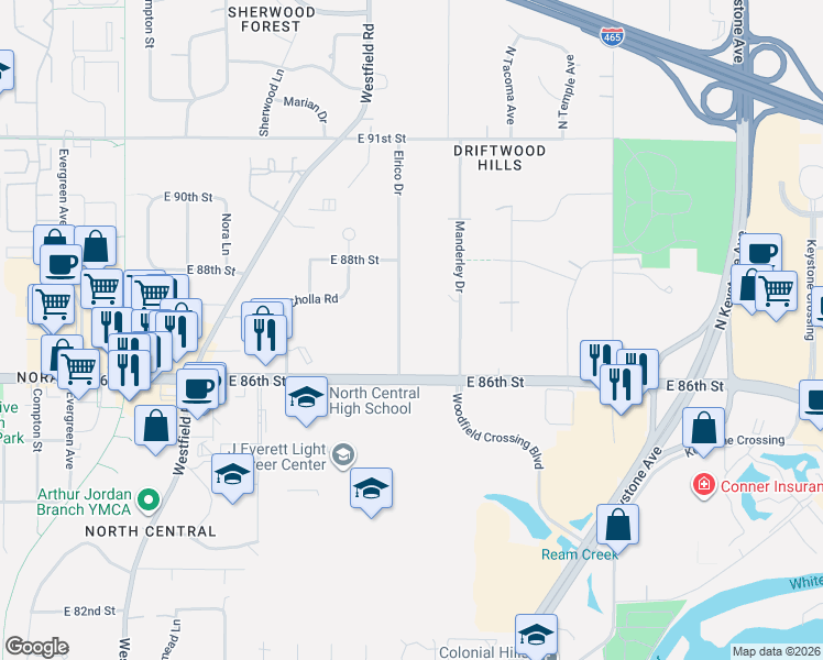 map of restaurants, bars, coffee shops, grocery stores, and more near 8609 Elrico Drive in Indianapolis