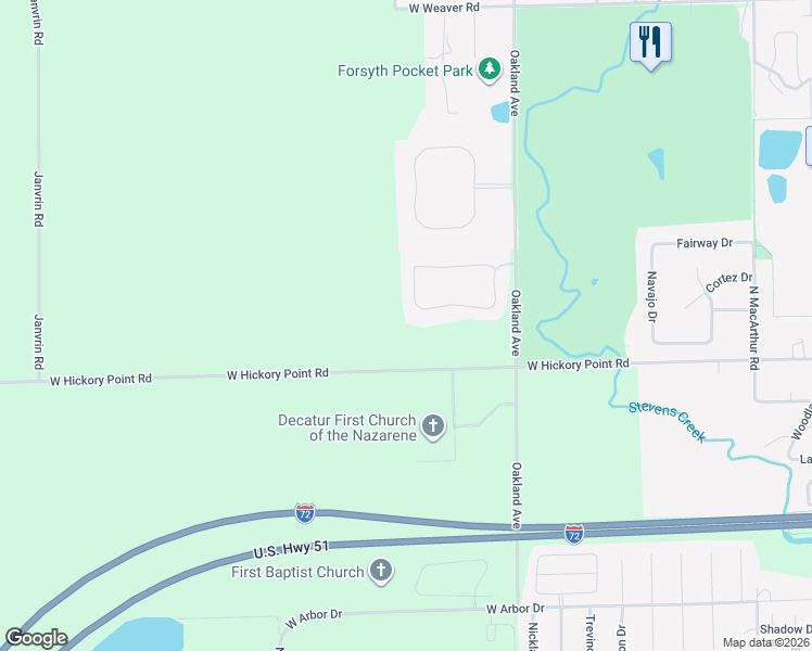map of restaurants, bars, coffee shops, grocery stores, and more near 1270 West Hickory Point Road in Decatur