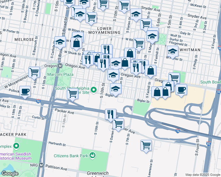map of restaurants, bars, coffee shops, grocery stores, and more near 2816 South 9th Street in Philadelphia