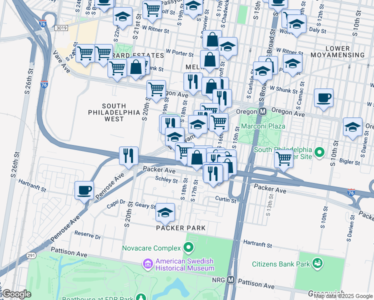 map of restaurants, bars, coffee shops, grocery stores, and more near 2942 South 18th Street in Philadelphia
