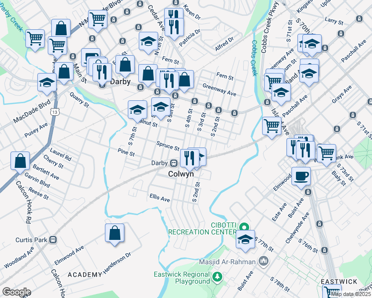 map of restaurants, bars, coffee shops, grocery stores, and more near 231 South 4th Street in Darby