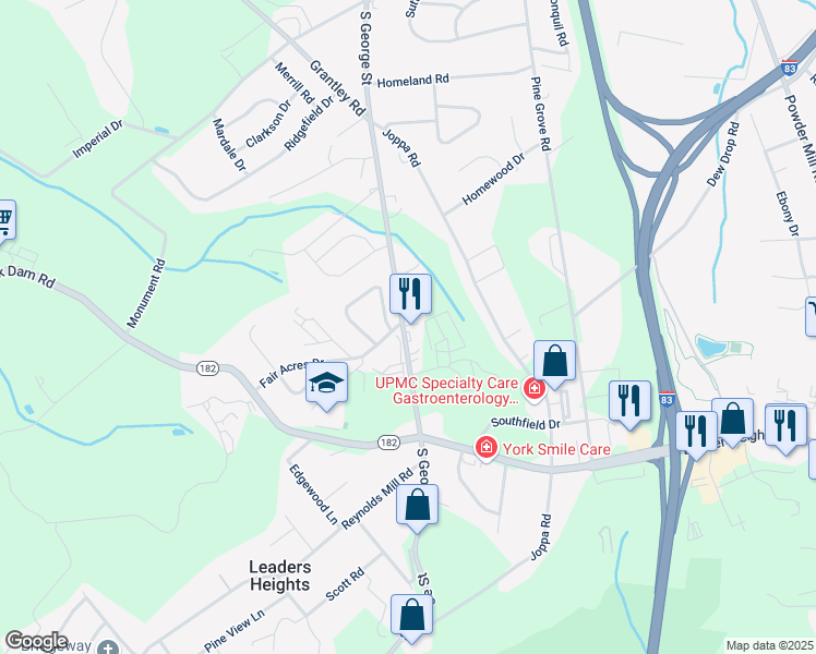 map of restaurants, bars, coffee shops, grocery stores, and more near 2593 Wildon Drive in York