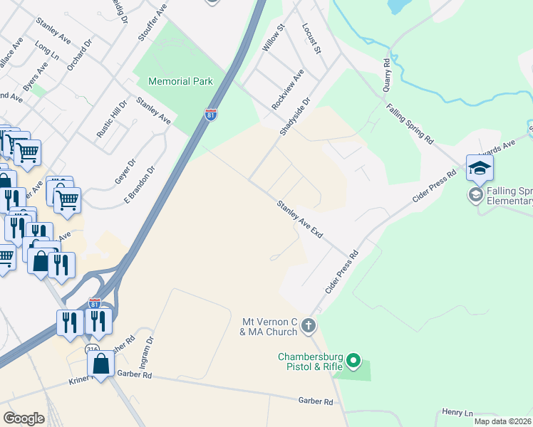 map of restaurants, bars, coffee shops, grocery stores, and more near 1300-1344 Stanley Avenue Exd in Chambersburg