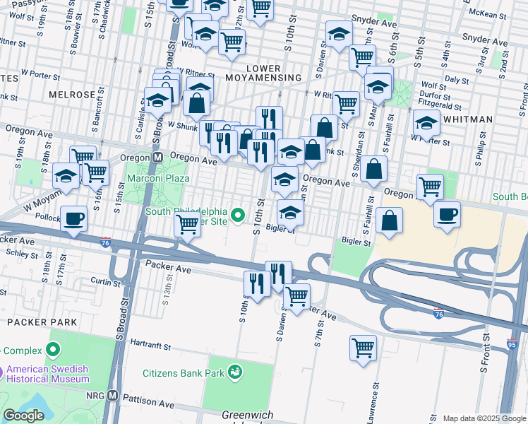 map of restaurants, bars, coffee shops, grocery stores, and more near 2819 South 10th Street in Philadelphia
