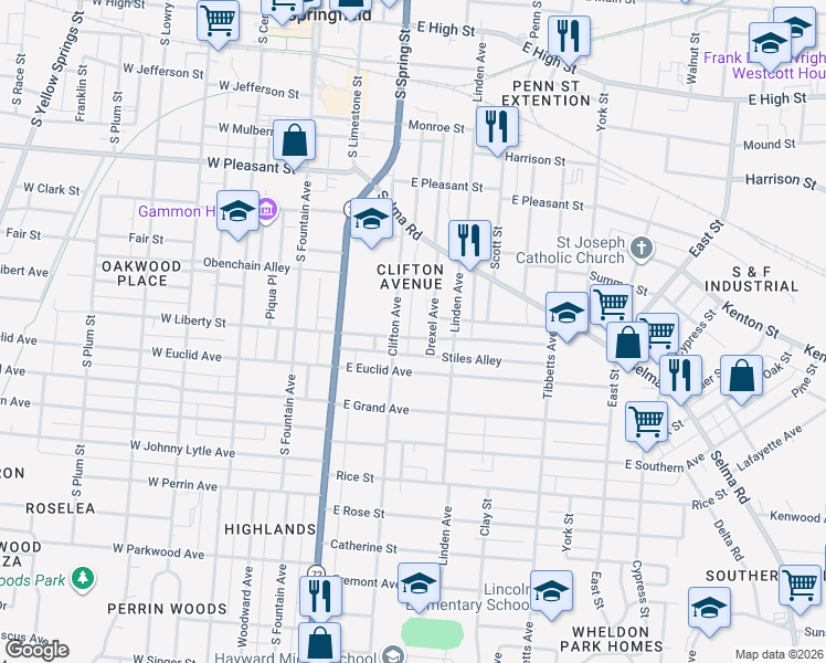 map of restaurants, bars, coffee shops, grocery stores, and more near 221 East Liberty Street in Springfield
