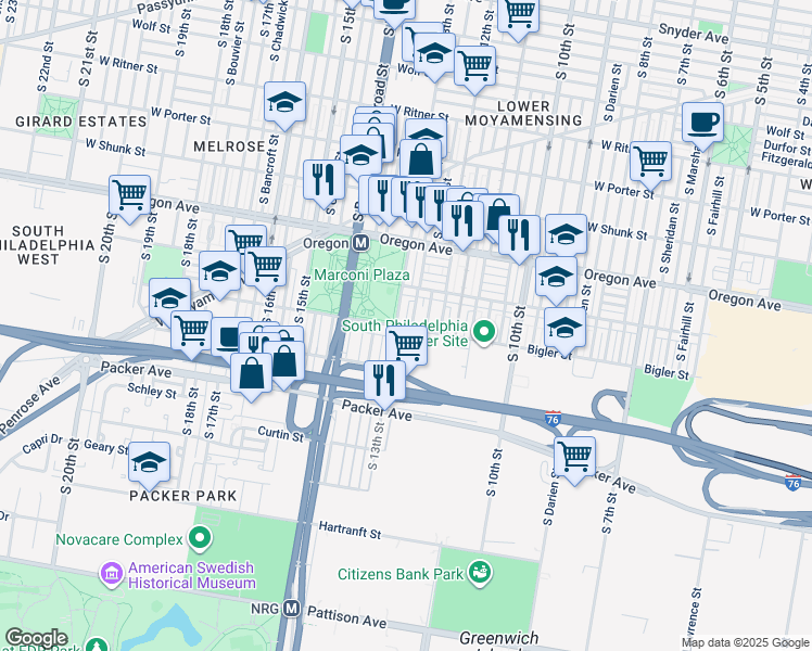map of restaurants, bars, coffee shops, grocery stores, and more near 2915 South 13th Street in Philadelphia
