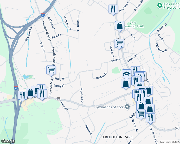 map of restaurants, bars, coffee shops, grocery stores, and more near 258 Cherry Street in York