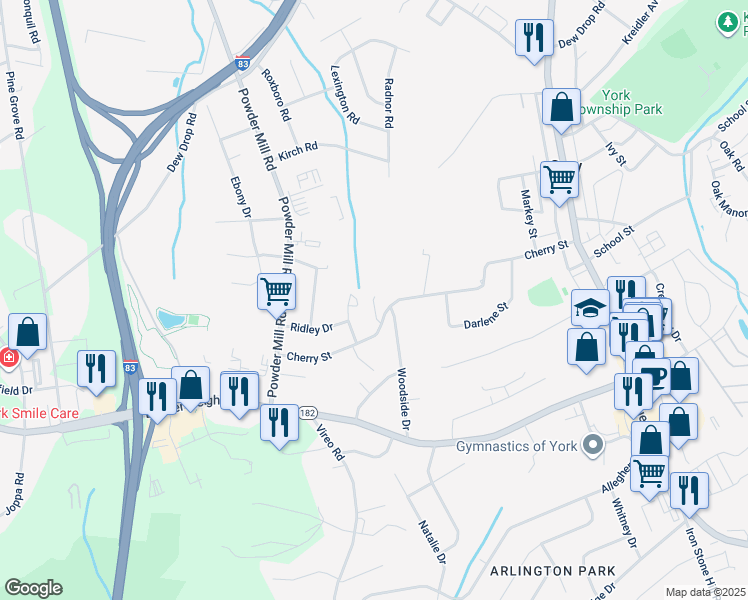 map of restaurants, bars, coffee shops, grocery stores, and more near 1959 Kimes Road in York