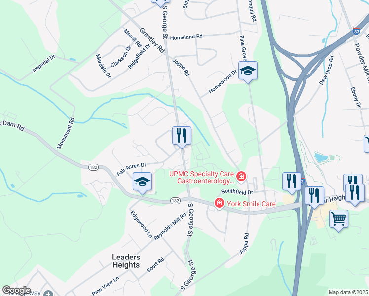 map of restaurants, bars, coffee shops, grocery stores, and more near 2593 Wildon Drive in York