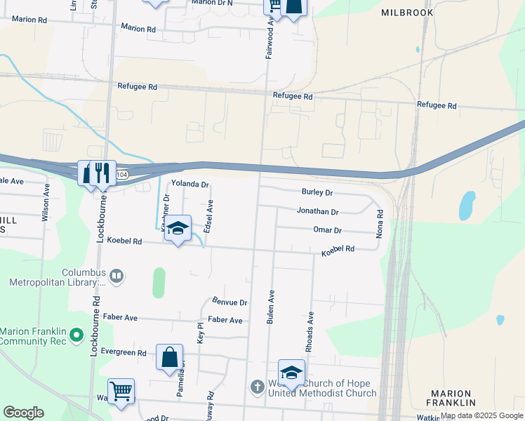 map of restaurants, bars, coffee shops, grocery stores, and more near 2551 Bulen Avenue in Columbus