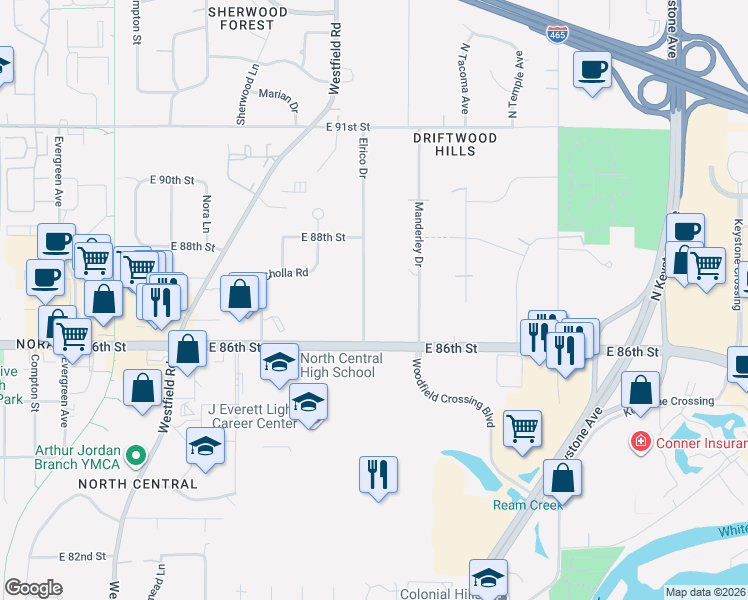 map of restaurants, bars, coffee shops, grocery stores, and more near 8609 Elrico Drive in Indianapolis