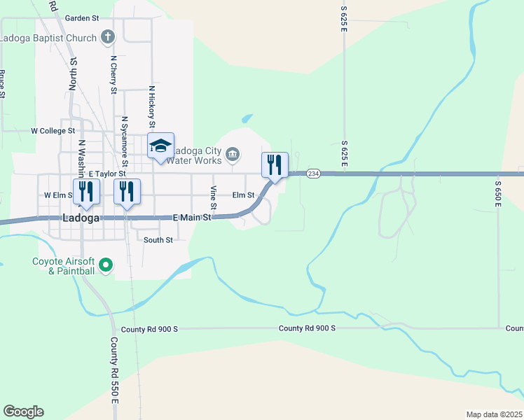 map of restaurants, bars, coffee shops, grocery stores, and more near 1001 East Main Street in Ladoga