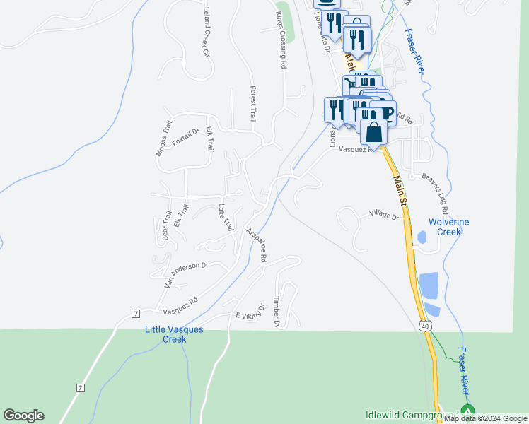 map of restaurants, bars, coffee shops, grocery stores, and more near 500 Vasquez Road in Winter Park
