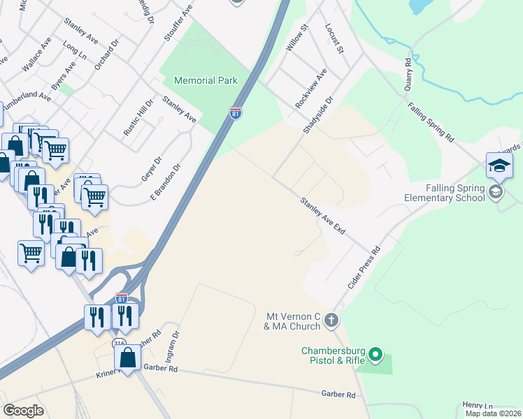 map of restaurants, bars, coffee shops, grocery stores, and more near 1300 Stanley Avenue in Chambersburg