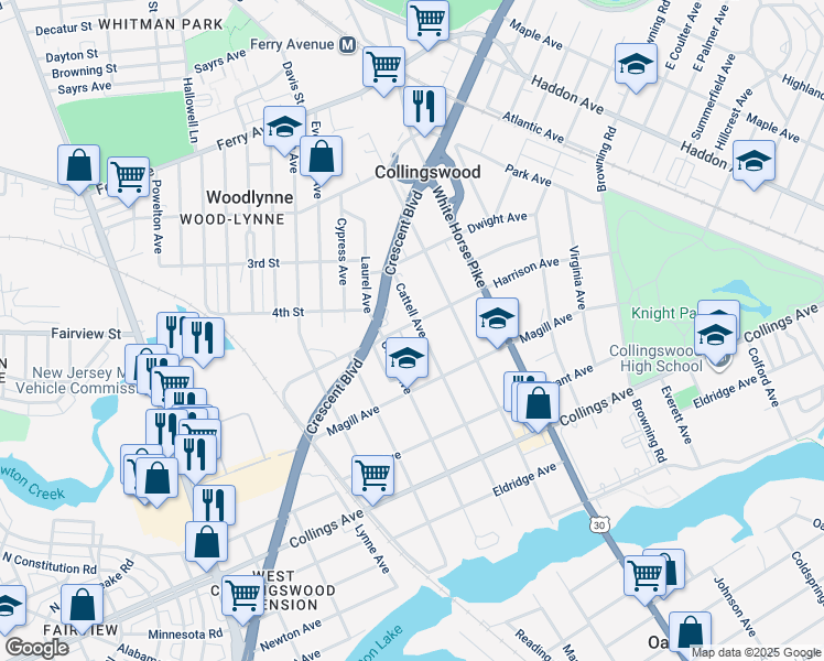 map of restaurants, bars, coffee shops, grocery stores, and more near 302 Cattell Avenue in Oaklyn