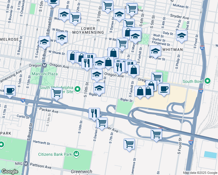 map of restaurants, bars, coffee shops, grocery stores, and more near 2825 South 8th Street in Philadelphia