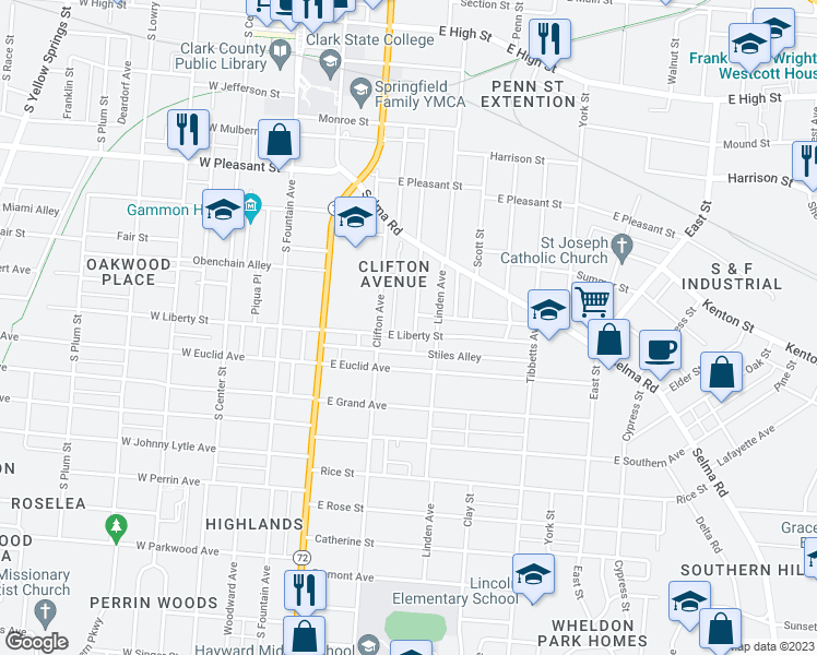 map of restaurants, bars, coffee shops, grocery stores, and more near 230 East Liberty Street in Springfield