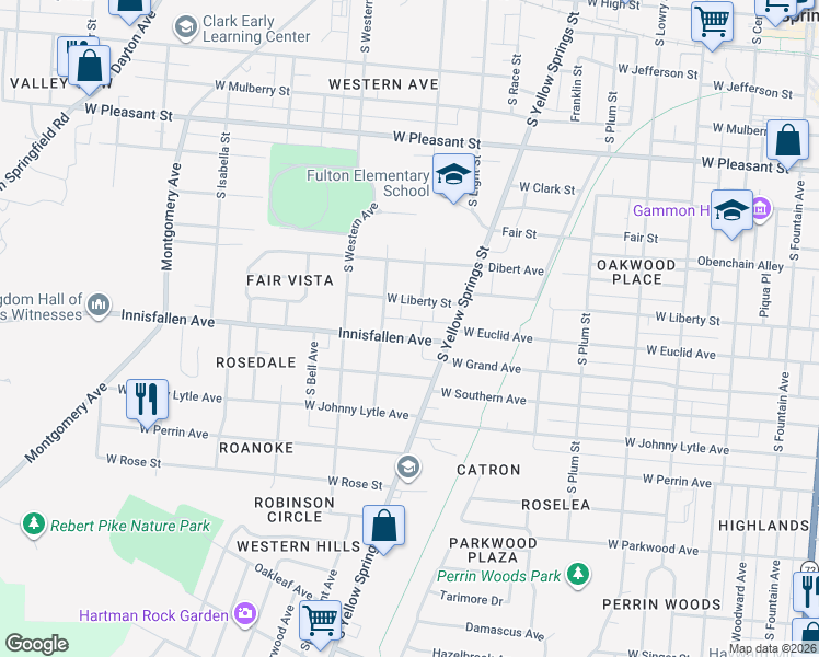 map of restaurants, bars, coffee shops, grocery stores, and more near 735 Innisfallen Avenue in Springfield