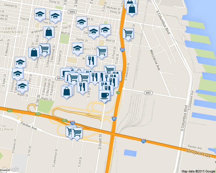 map of restaurants, bars, coffee shops, grocery stores, and more near W Oregon Ave & S Front St in Philadelphia