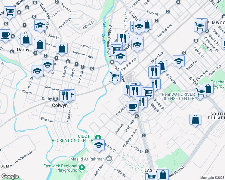 map of restaurants, bars, coffee shops, grocery stores, and more near 7434 Glenmore Avenue in Philadelphia