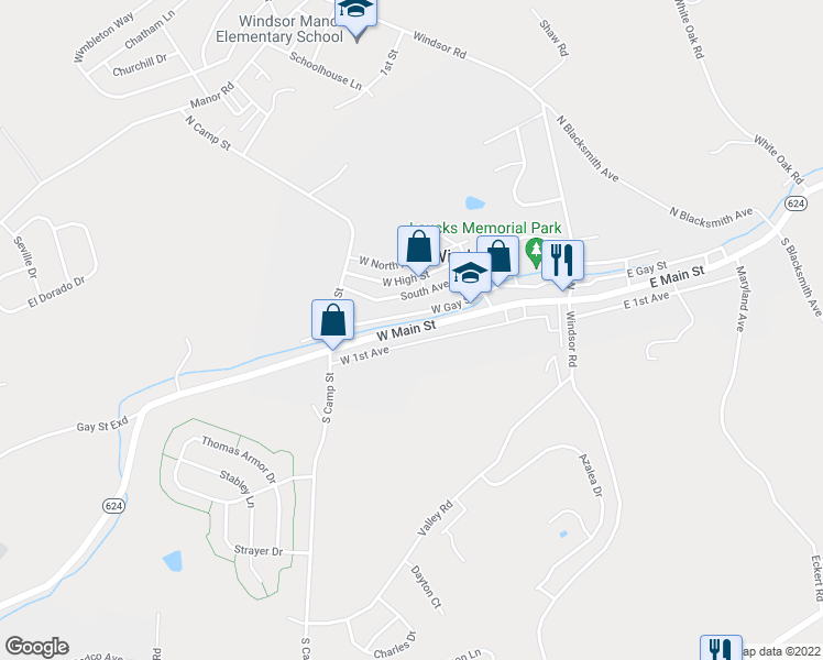 map of restaurants, bars, coffee shops, grocery stores, and more near 119 West Main Street in Windsor
