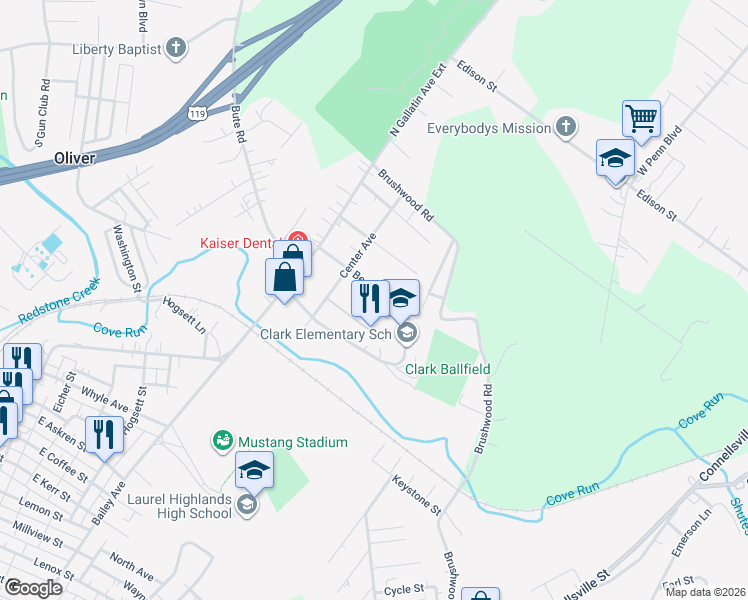 map of restaurants, bars, coffee shops, grocery stores, and more near 129 State Street in Uniontown