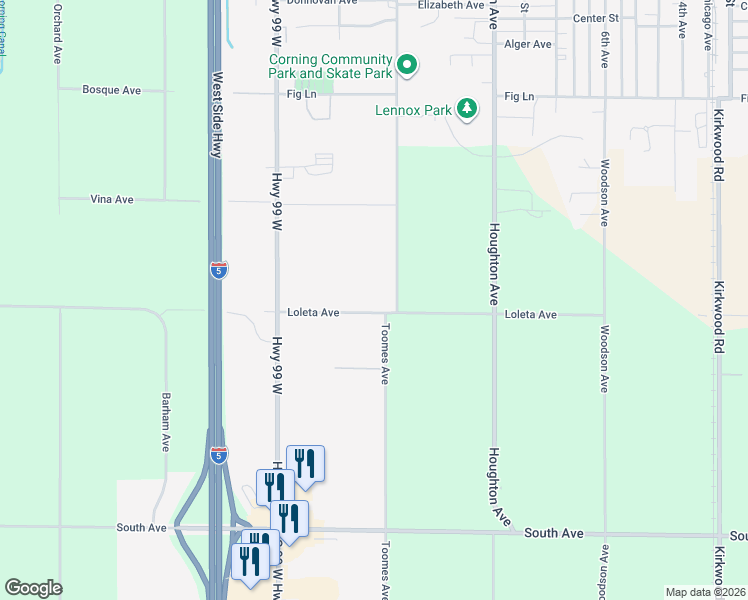 map of restaurants, bars, coffee shops, grocery stores, and more near 3911-3999 Toomes Avenue in Corning