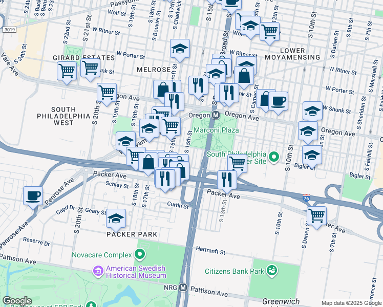 map of restaurants, bars, coffee shops, grocery stores, and more near 2914 South Carlisle Street in Philadelphia