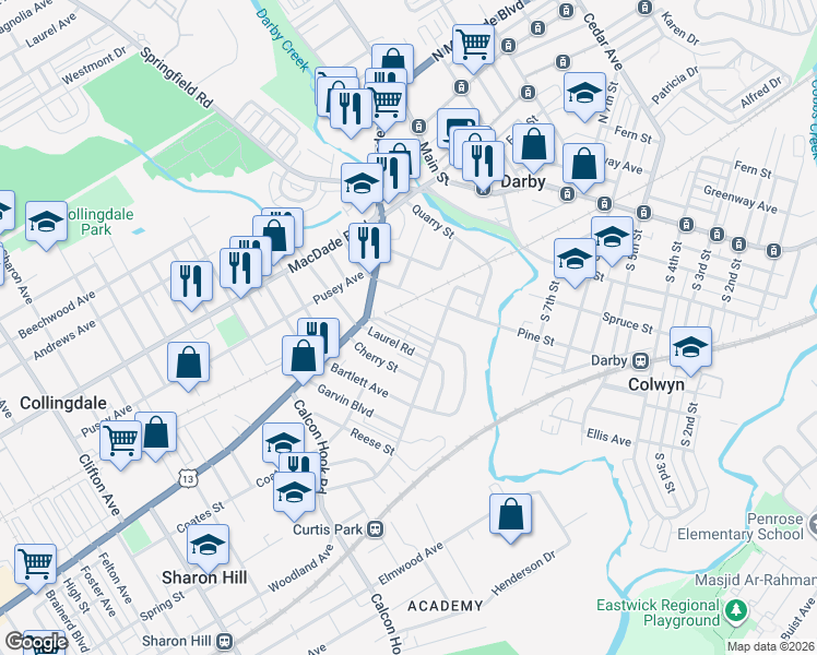 map of restaurants, bars, coffee shops, grocery stores, and more near 158 Laurel Road in Sharon Hill