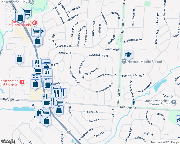 map of restaurants, bars, coffee shops, grocery stores, and more near 9800 Meadow Wood Drive in Pickerington