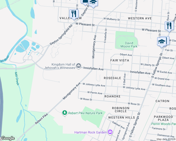 map of restaurants, bars, coffee shops, grocery stores, and more near 1109 Rebert Pike in Springfield