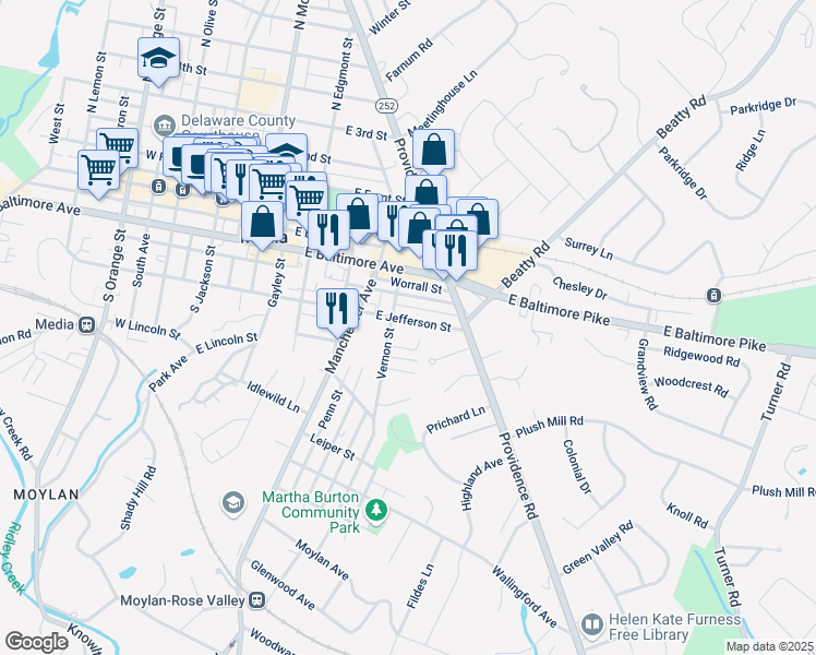 map of restaurants, bars, coffee shops, grocery stores, and more near 412 East Jefferson Street in Media
