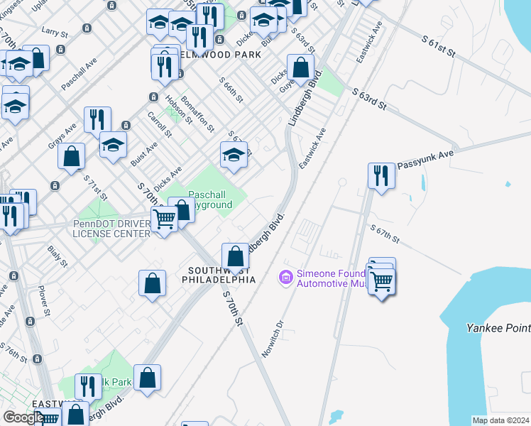 map of restaurants, bars, coffee shops, grocery stores, and more near 3027 South 68th Street in Philadelphia
