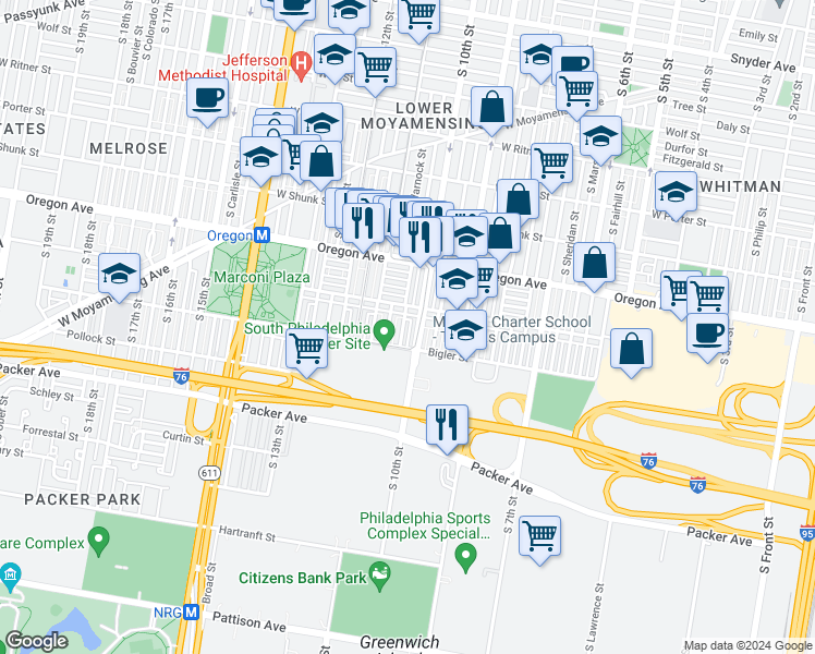 map of restaurants, bars, coffee shops, grocery stores, and more near 2823 South Alder Street in Philadelphia