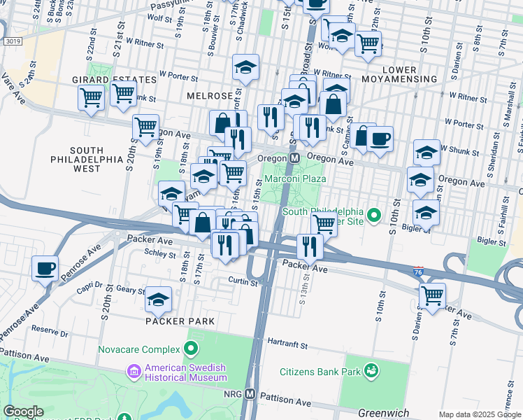 map of restaurants, bars, coffee shops, grocery stores, and more near 2914 South Carlisle Street in Philadelphia