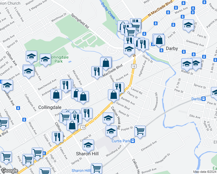 map of restaurants, bars, coffee shops, grocery stores, and more near 38 Rhodes Avenue in Darby