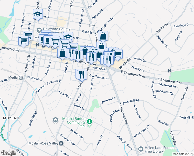 map of restaurants, bars, coffee shops, grocery stores, and more near 412 East Jefferson Street in Media