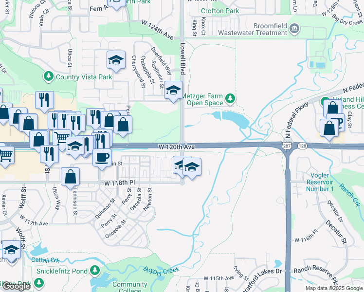 map of restaurants, bars, coffee shops, grocery stores, and more near 11951 Lowell Boulevard in Westminster