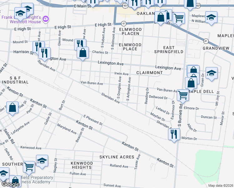 map of restaurants, bars, coffee shops, grocery stores, and more near 633 South Douglas Avenue in Springfield